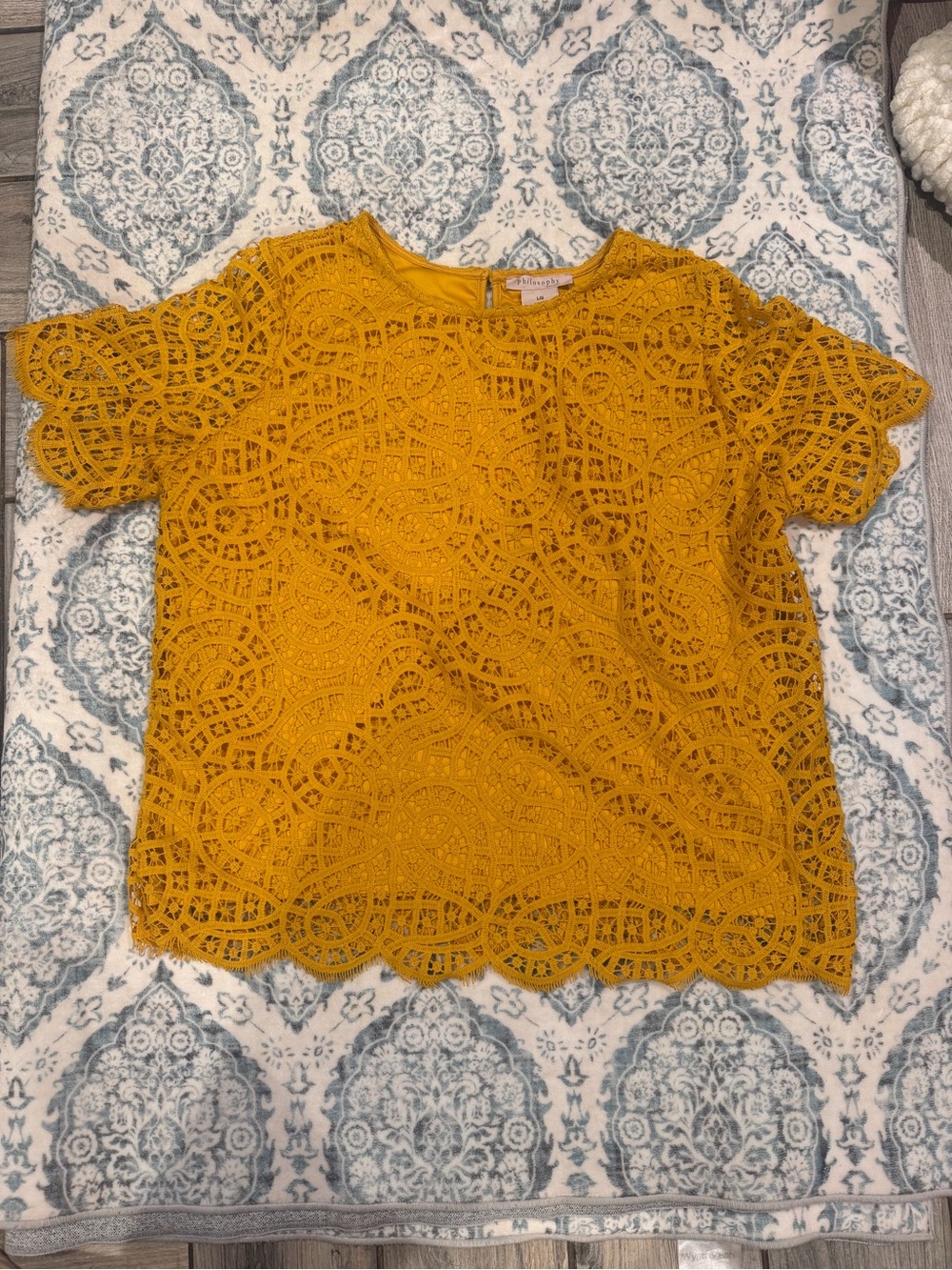 Philosophy Golden Mustard Crochet Lace Short Sleeve Top